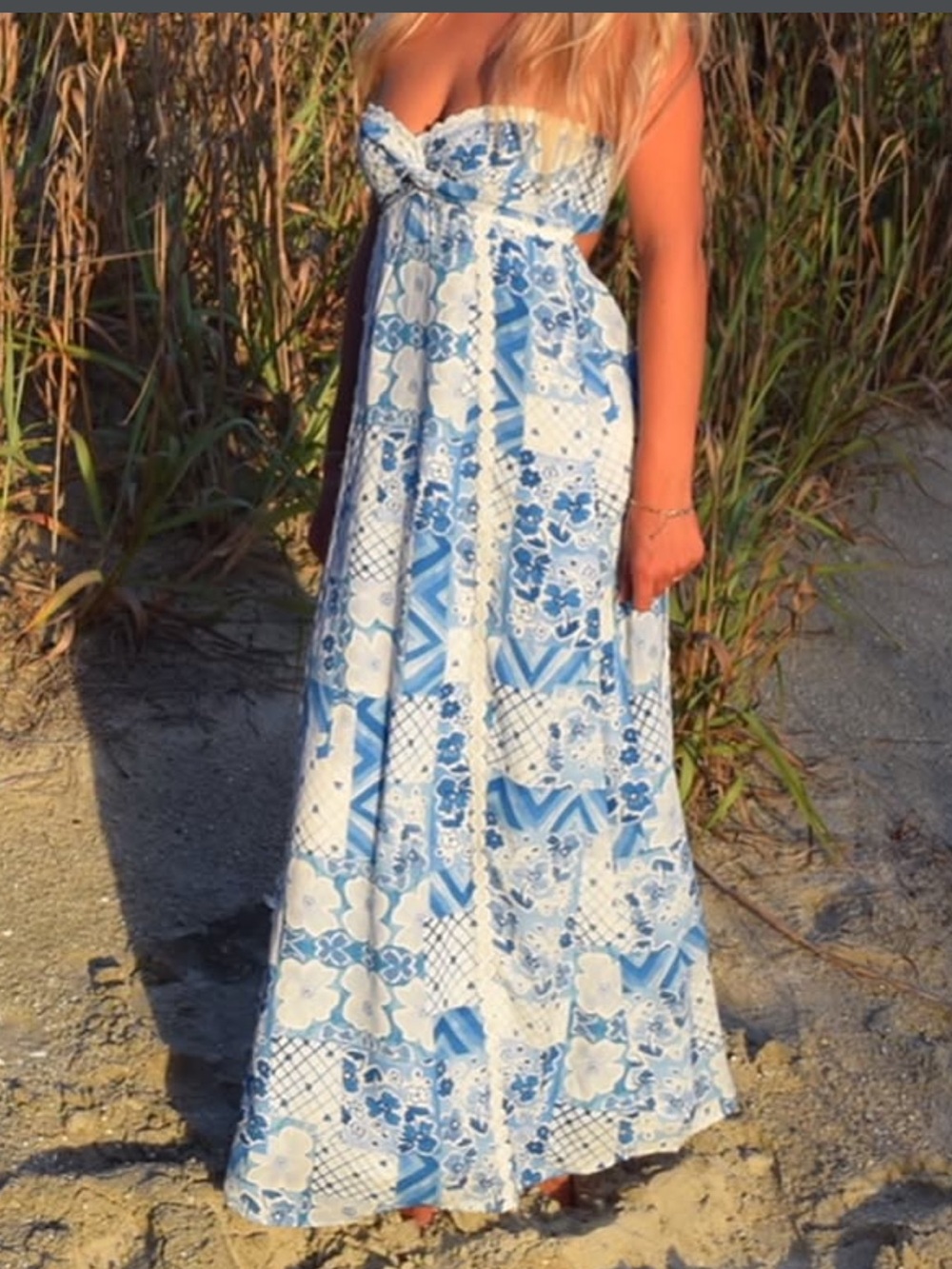 Strapless Blue & White Patchwork Maxi Dress